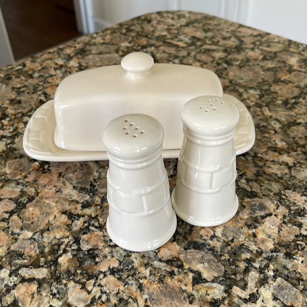 Longaberger Butter Dish & salt/pepper shakers